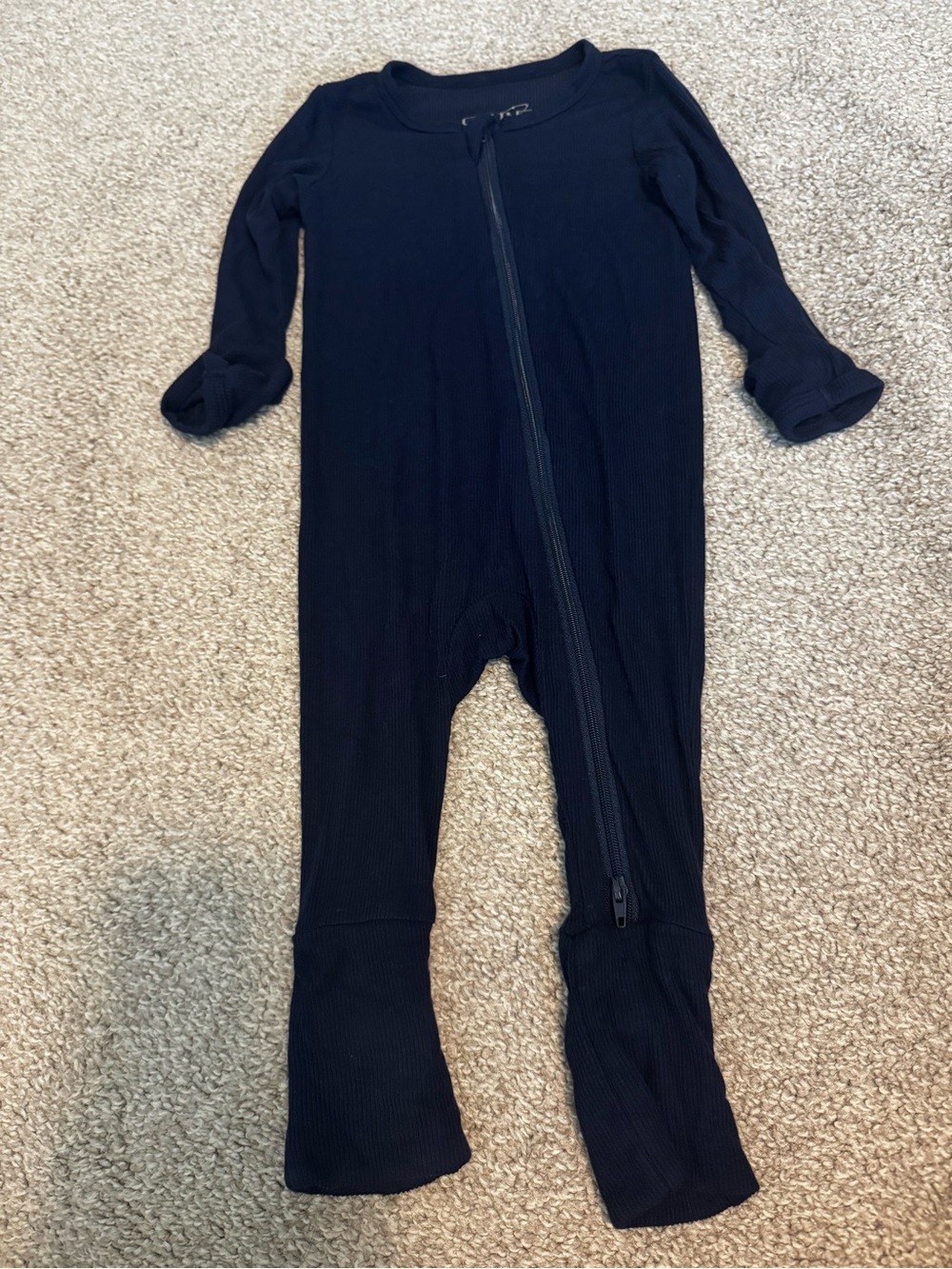 BAMBOO Navy Ribbed Zip-Front Footed One-Piece